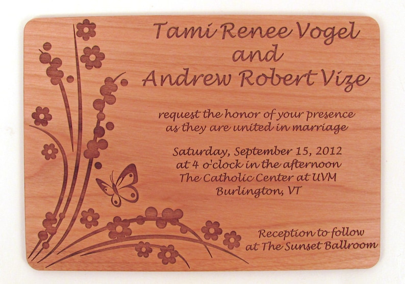 Wooden Wedding Invitation Real Wood Invitation Floral Butterfly Design image 2