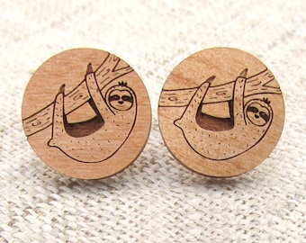 Sloth Earrings - Wooden Post Earring Studs - Cute Sloth Wood Earrings