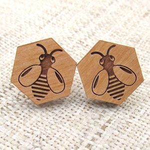 Boucles d’oreilles d’abeille - Clous de boucles d’oreilles en bois de nid d’abeille - Boucles d’oreilles en bois d’abeille mignonnes