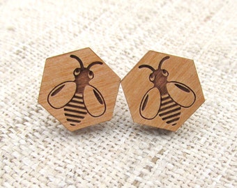 Bee Earrings - Honeycomb Wooden Post Earring Studs - Cute Bee Wood Earrings