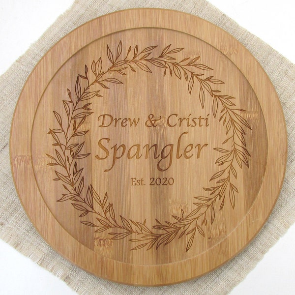 Personalized Lazy Susan - Custom Wreath Design - Wedding Gift Kitchen Gift - Bamboo Wood Turntable