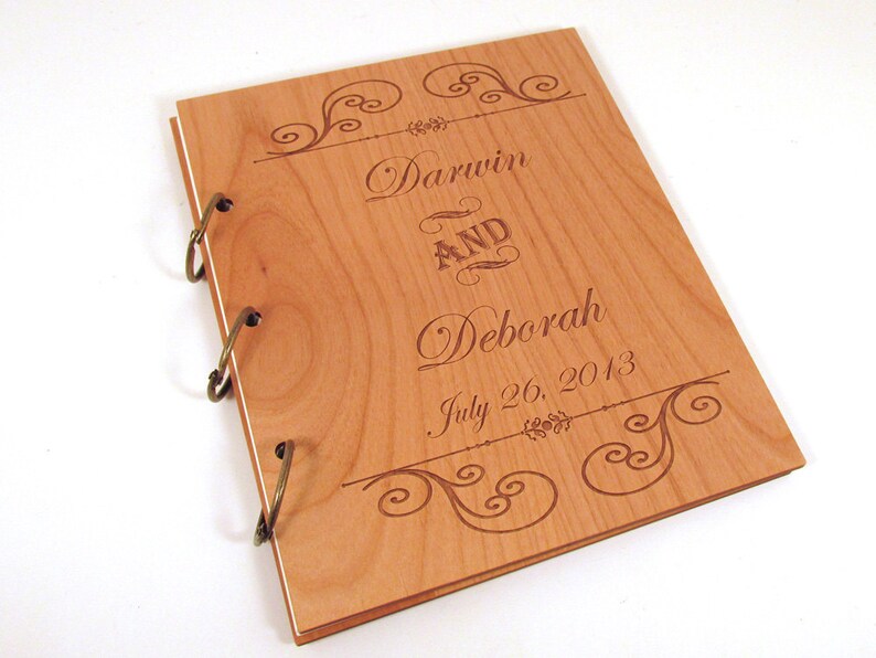 Wooden Wedding Guest Book Photo Album Formal Scroll Design image 1