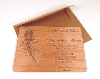 Peacock Feather Wooden Wedding Invitation