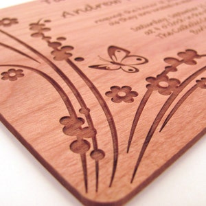 Wooden Wedding Invitation Real Wood Invitation Floral Butterfly Design image 1