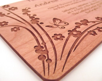 Wooden Wedding Invitation - Real Wood Invitation - Floral Butterfly Design
