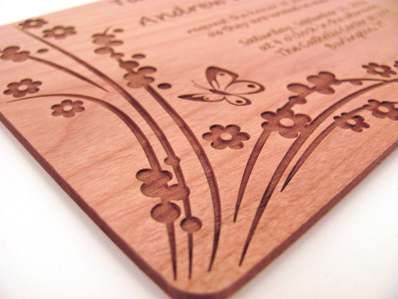 Wooden Wedding Invitation Real Wood Invitation Floral Butterfly Design image 1