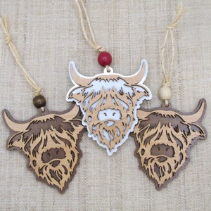 Highland Kuh Weihnachtsschmuck - Holzornament - Kuhdekoration aus Holz