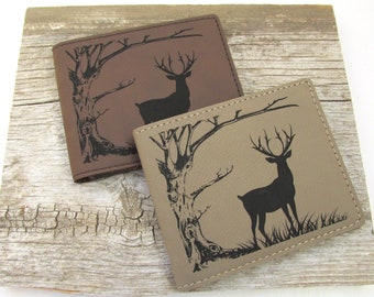 Engraved Leather Wallet - Deer Leatherette Bifold Wallet