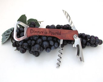 Engraved Corkscrew Bottle Opener - Wood Bottle Opener Corkscrew - Dinner is Poured