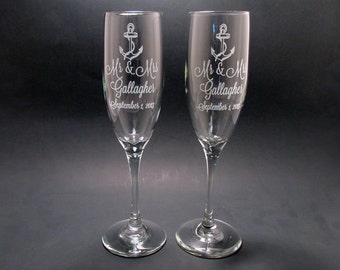 Personalized Anchor Champagne Flutes Wedding Toasting Flutes Set of 2