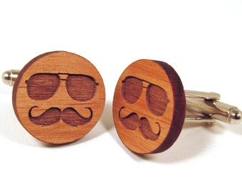 Mustache & Glasses Wooden Cuff Links Aviator Glasses and Mustache Real Wood Cuff Links