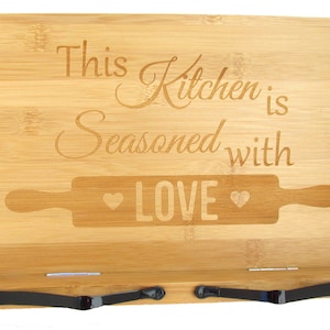 Seasoned with Love Cookbook Stand - Engraved Bamboo Recipe Stand - Wooden Recipe Book Holder