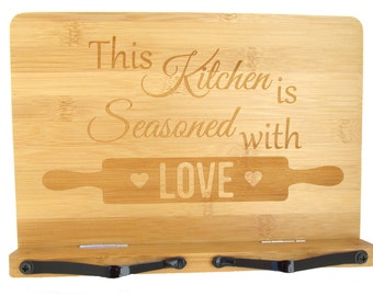 Seasoned with Love Cookbook Stand - Engraved Bamboo Recipe Stand - Wooden Recipe Book Holder