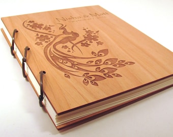 Wooden Wedding Guest Book Photo Album LARGE SIZE - Peacock Design