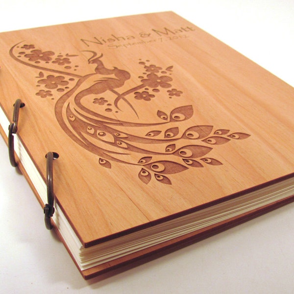 Wooden Wedding Guest Book Photo Album LARGE SIZE - Peacock Design