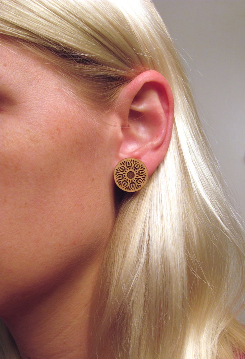 Wooden Post Earring Studs Sun Burst Design Mandala Earrings Flower Earrings image 5