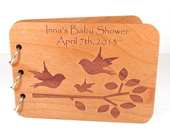 Songbird Baby Shower Guest Book - Real Wood Engraved Cover - Personalized