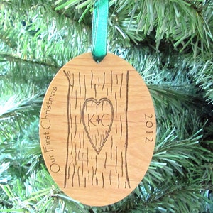 Christmas Ornament for the Newlyweds Carved Tree First Christmas Ornament image 3