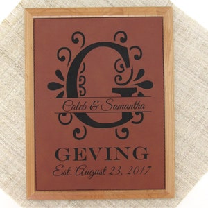 3rd Anniversary Gift - Leather Monogram Anniversary Present - Third Wedding Gift - Leatherette and Wood Plaque
