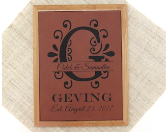 3rd Anniversary Gift - Leather Monogram Anniversary Present - Third Wedding Gift - Leatherette and Wood Plaque