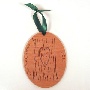 Christmas Ornament for the Newlyweds Carved Tree First Christmas Ornament image 1