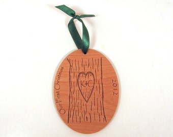 Christmas Ornament for the Newlyweds - Carved Tree First Christmas Ornament