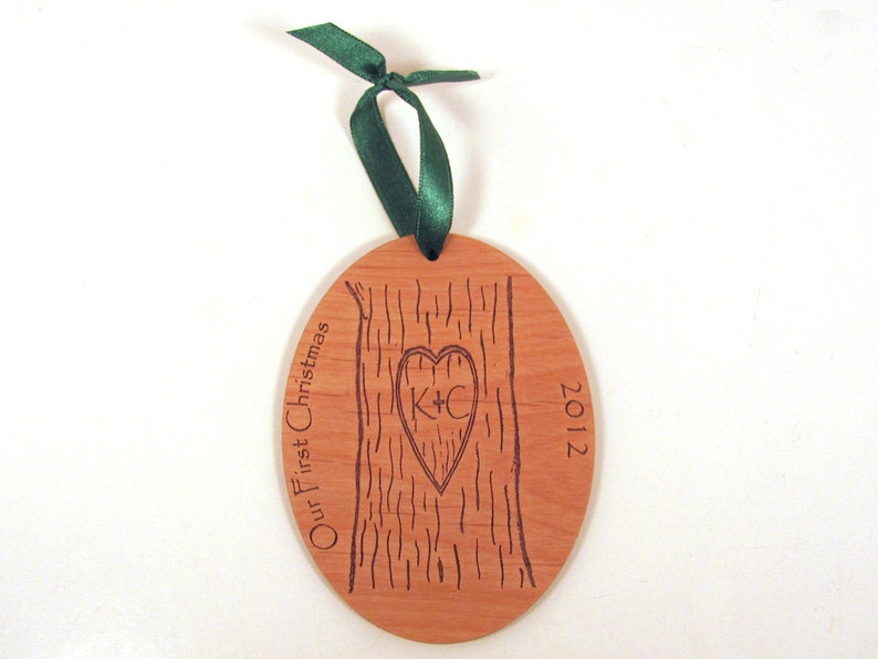 Christmas Ornament for the Newlyweds Carved Tree First Christmas Ornament image 1