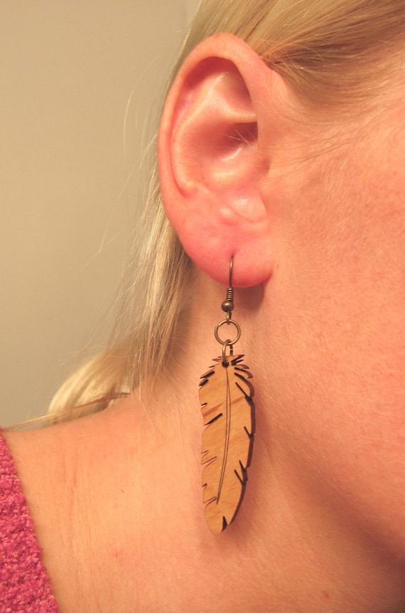 Handmade Holographic Feather Earrings Wood Earrings