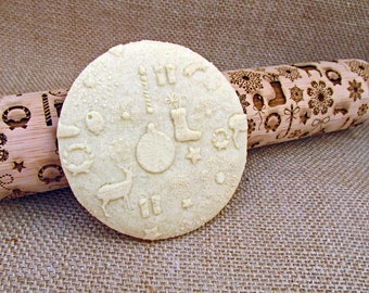 Christmas Cookie Rolling Pin - Christmas Design Cookie Stamp - Engraved Christmas Rolling Pin