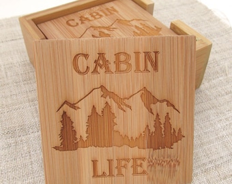 Cabine Life Houten Onderzetters - Gegraveerd Bamboe - Houten Onderzetters - Set van 4