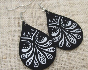 Black Leather Earrings  - Teardrop Faux Leather Earrings - Engraved Black and Silver Leather Earrings - 8 Designs to Choose From