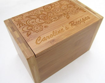 Personalized Wood Recipe Box - Paisley Floral Design - Bamboo Recipe Box - Custom Personalized Wooden Recipe Box