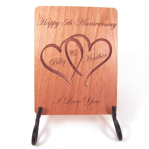 Anniversary Card 5 Year Anniversary Wood Card Personalized Engraving image 1