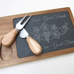 Slate and Wood Cheese Board  - Slate Cutting Board - Charcuterie Serving Board Set