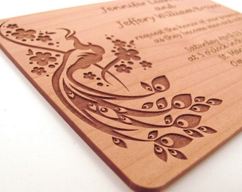 Engraved Wooden Wedding Invitation - Real Wood Invitation - Peacock Design