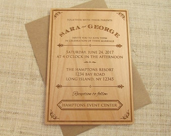 Wooden Wedding Invitation - Art Deco Wedding Invitation - Real Wood Invite