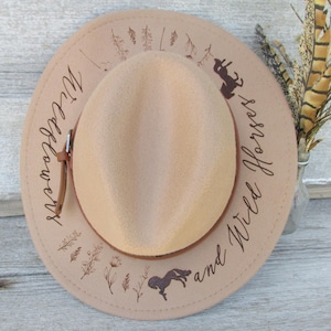 Burned Felt Hat - Laser Engraved Cowboy Hat Fedora - Wildflowers Wild Horses