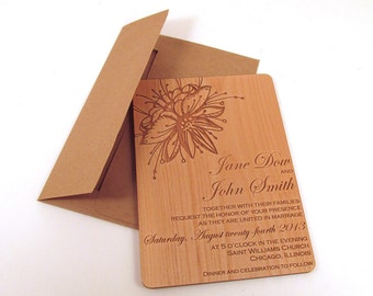 Faire-part de mariage en bois avec fleurs