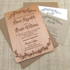 Botanical Wood Wedding Invitation - Floral Flower Wedding Invitation - Real Wooden Invite