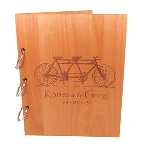 Tandem Bicycle Wedding Guest Book Photo Album LARGE SIZE Real Wood Covers Personalized image 1