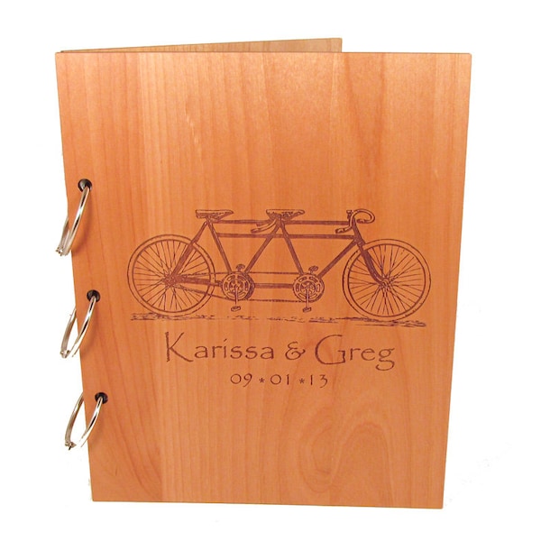 Tandem Bicycle Wedding Guest Book Photo Album LARGE SIZE - Real Wood Covers Personalized