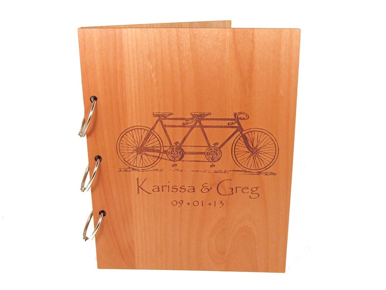 Tandem Bicycle Wedding Guest Book Photo Album LARGE SIZE Real Wood Covers Personalized image 1