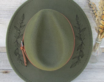 NEW St. Martin forest green felt fedora hat Western hand burn engraved design Hand burned dual brim fedora hat main image 4