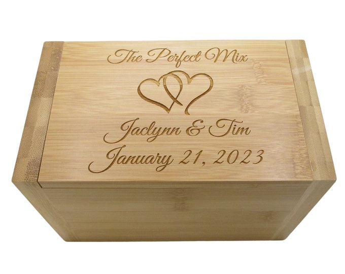 Personalized Recipe Box - Double Heart Design - Bamboo Recipe Box - Custom Personalized Wooden Recipe Box