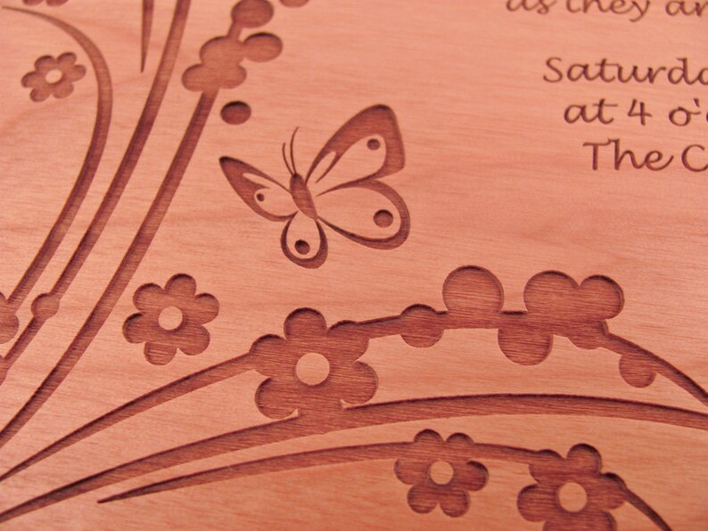 Wooden Wedding Invitation Real Wood Invitation Floral Butterfly Design image 3