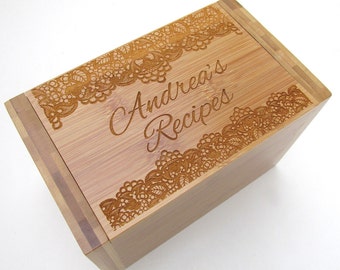 Personalized Recipe Box - Lace Design - Bamboo Recipe Box - Custom Personalized Wooden Recipe Box