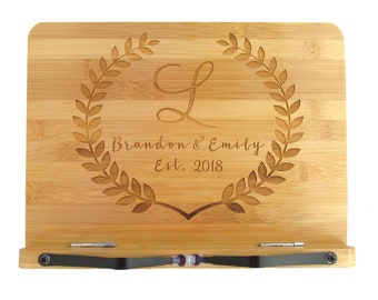 Personalized Cookbook Holder - Engraved Bamboo Recipe Stand - Wooden Recipe Book Holder - Olive Branch Kitchen