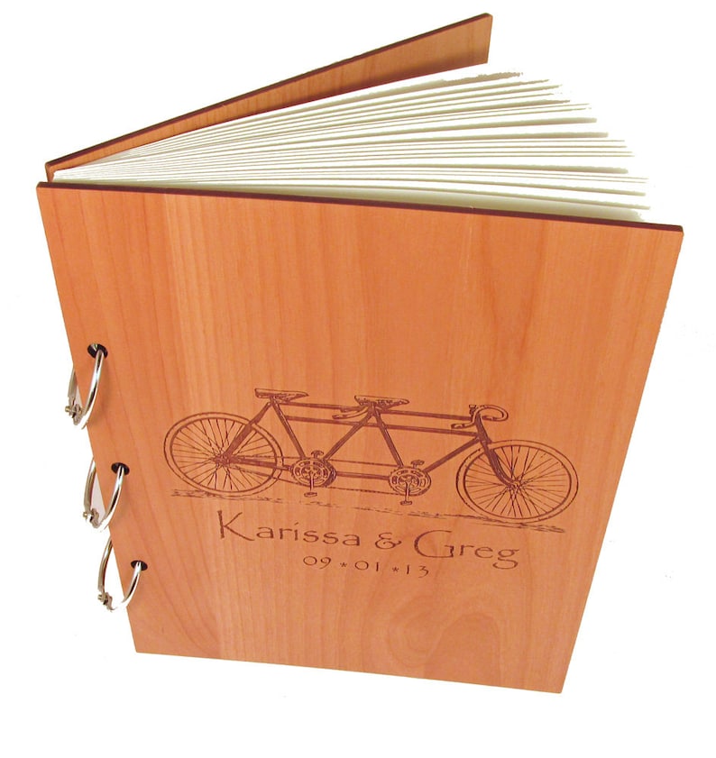 Tandem Bicycle Wedding Guest Book Photo Album LARGE SIZE Real Wood Covers Personalized image 2