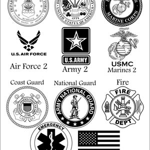 May include: Black and white illustrations of various military and emergency service emblems, including the Air Force, Army, Marines, Coast Guard, National Guard, Fire, and Emergency Medical Technician. The image also includes a black and white American flag.