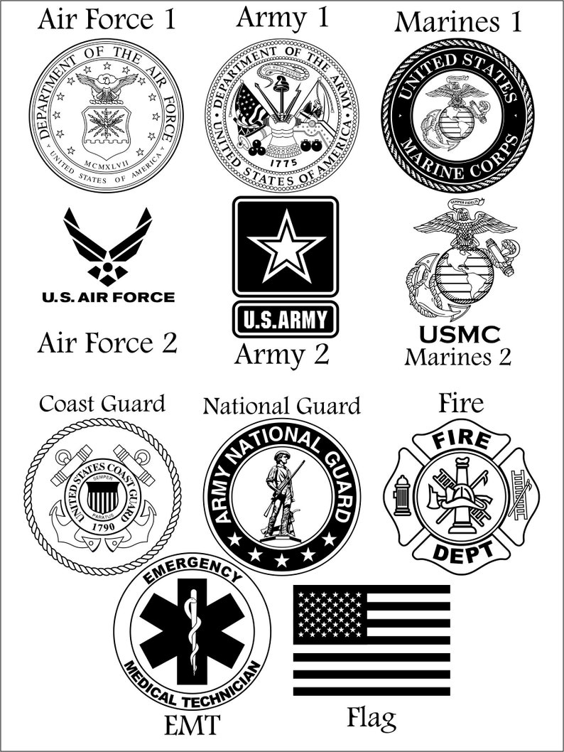 May include: Black and white illustrations of various military and emergency service emblems, including the Air Force, Army, Marines, Coast Guard, National Guard, Fire, and Emergency Medical Technician. The image also includes a black and white American flag.